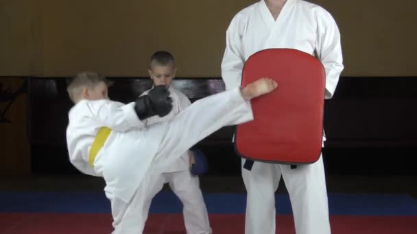 Мальчик с черными накладками в руках бьет круговым ударом - Кадры, видео
