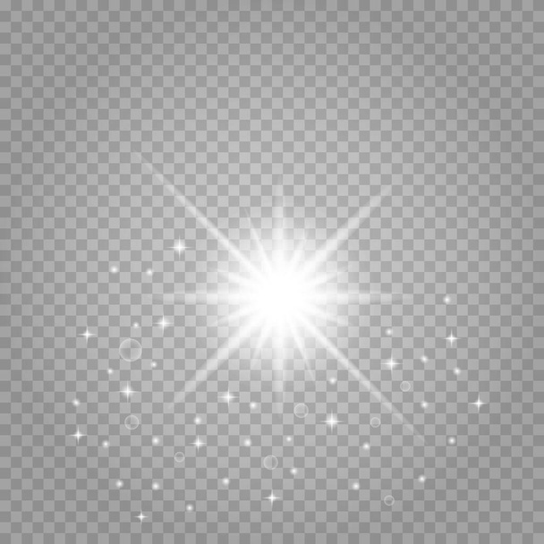 Streszczenie przezroczyste światło słoneczne specjalny efekt świetlny obiektywu.Wektor rozmycia w blasku światła. Odizolowane przezroczyste tło. Element dekoracyjny. Poziome promienie rozbłysku gwiazdy i reflektory. - Wektor, obraz