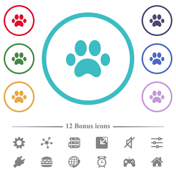 Paw prints flat color icons in circle shape outlines. 12 bonus icons included. - Vector, Image