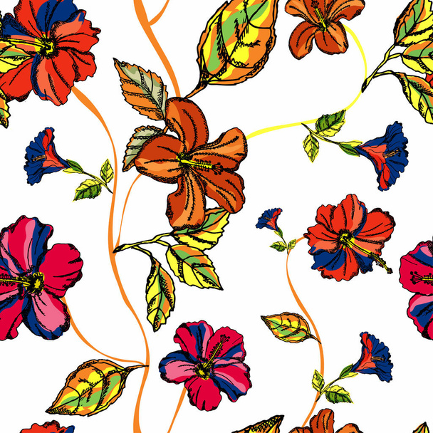 Elegant seamless pattern with hibiscus flowers, design elements. Floral  pattern for invitations, cards, print, gift wrap, manufacturing, textile, fabric, wallpapers - Vector, Image