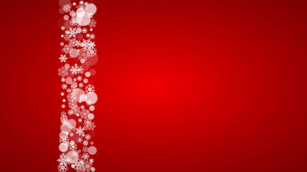 Christmas snowflakes on red background. Santa Claus colors. Horizontal Christmas snowflakes frame for holiday banners, cards, sales, special offers. Falling snow with bokeh for party celebration - Vector, Imagen