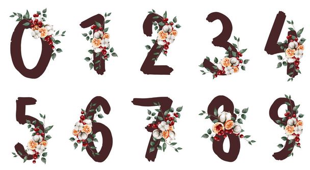 Numbers with leaves, cotton, berry and orange in watercolor style. Suitable for postcards, invitations, gifts, brochures, websites etc - Fotografie, Obrázek