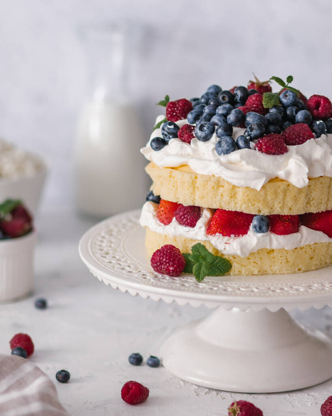 Japanese cheese cake with strawberry and berries ,food concept background, homemade, cream - 写真・画像
