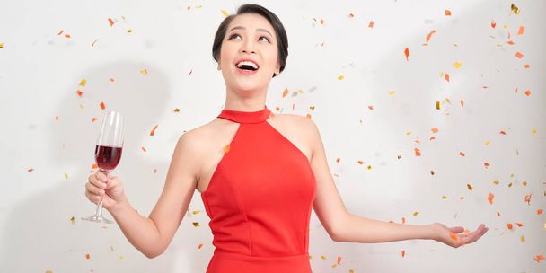 Indoor photo of pretty lady with short hair having fun at new year party with pleased face expression. - Foto, Imagem