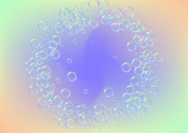 Soap foam on gradient background. Realistic water bubbles 3d. Cool rainbow colored liquid foam with shampoo bubbles. Horizontal cosmetic flyer and invite. Soap foam for bath and shower. Vector EPS10. - Vektori, kuva