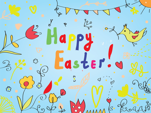 Easter card with flowers, birds, decorations greeting - Vettoriali, immagini