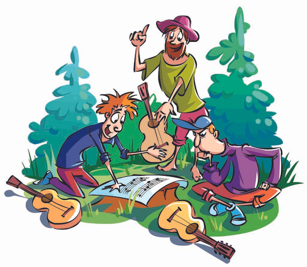 Drie gitaristen in het bos in een open plek kijken naar de noten, bespreken en argumenteren - Vector, afbeelding