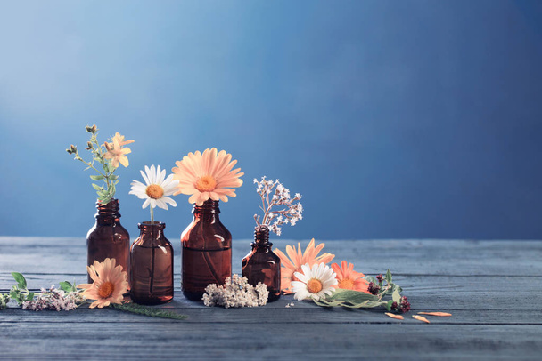 medicinal plants and brown bottles on  blue background - Fotoğraf, Görsel