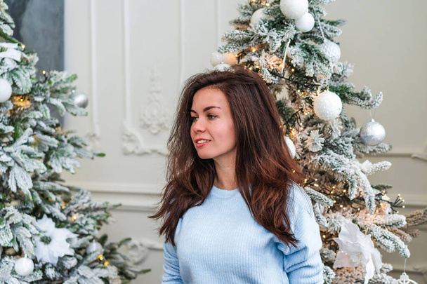 Portré egy fiatal barna lány egy karácsonyi belső - Fotó, kép