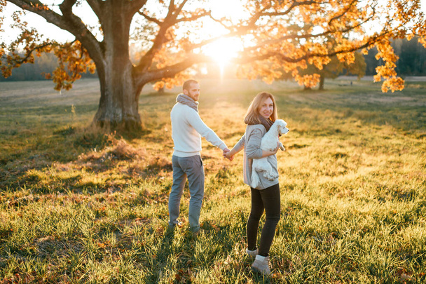 Young loving couple walking and hugging in autumn field at sunset - Foto, imagen