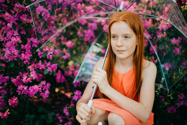 Strange young girl with long red hair, pretty face in a summer orange dress holds an umbrella in the garden. - Fotografie, Obrázek