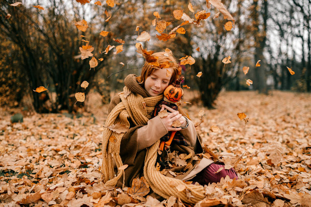 Young girl sitting in the autumn park with toy - Valokuva, kuva