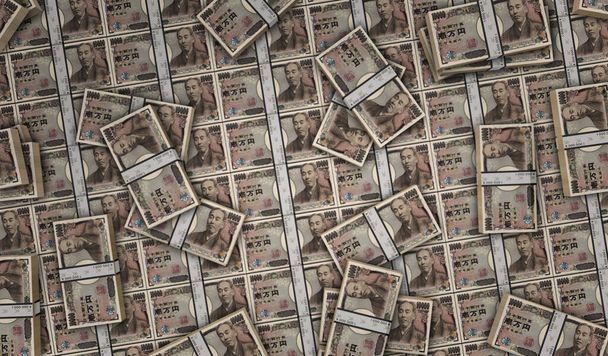 Japanse yen money pack 3D illustratie. Eén JPY bankbiljettenbundelstapel. Concept van financiën, kasmiddelen, economische crisis, bedrijfssucces, recessie, bank, belastingen en schulden. - Foto, afbeelding
