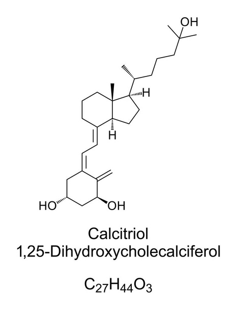 Kalcitriol, kémiai szerkezet és csontváz képlet. Az aktív formája a D-vitamin, készült a vesében, is egy gyógyszer kezelésére alacsony kalcium a vérben. 1,25-dihidroxi-kolekalciferol. Vektor. - Vektor, kép