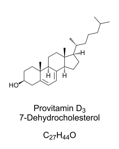 Provitamínová forma vitamínu D3, chemická struktura a kosterní vzorec. 7-Dehydrocholesterol, 7-DHC. Zoosterol, který působí jako prekurzor cholesterolu, přeměněný na vitamin D3 pod UVB světlem. Vektor - Vektor, obrázek