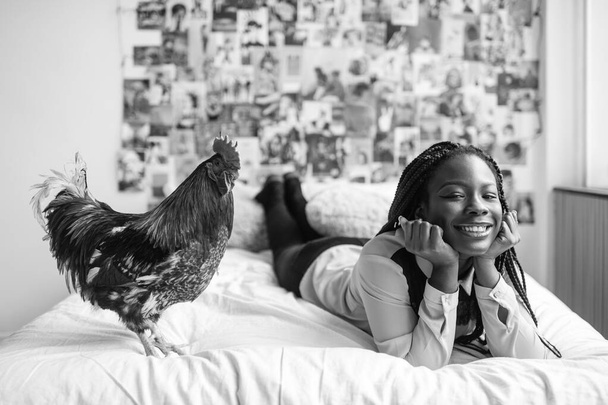 African american girl lying on bed with chicken with decorative wall on background. - Photo, Image