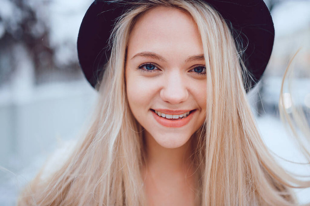 Portrait of funny smiling stylish blonde girl in hat  - Photo, Image