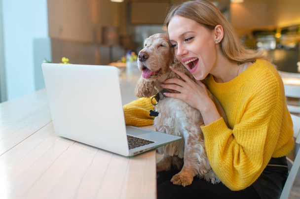 Portrait of beautiful blogger babe with surprised face holding her adorable puppy and using laptop while watching comedy. - Foto, afbeelding