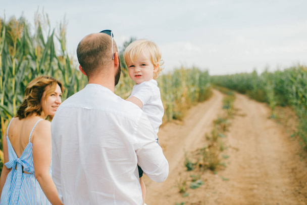 Cheerful family of three have a lot of fun together in the big cornfield in hot summer morning. - Foto, afbeelding