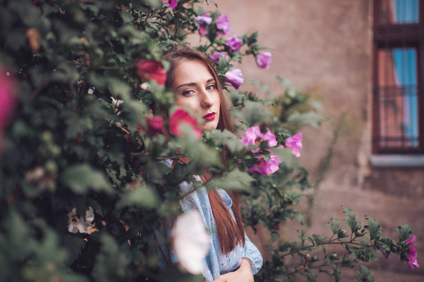 Beautiful young model with sensual face posing inbushes with blooming flowers - 写真・画像
