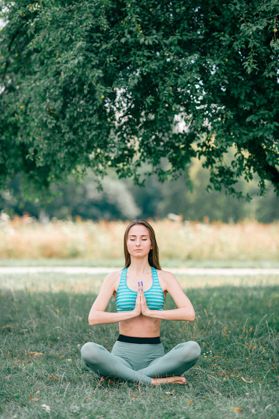 Brunette fitness girl doing yoga outdoor - Zdjęcie, obraz