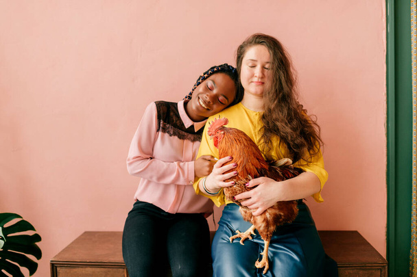Young stylish female interracial couple with chikcne in their hands hugging in home interior - Fotografie, Obrázek