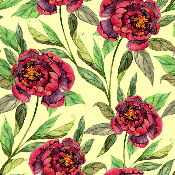Seamless pattern with watercolor peonies on a yellow background. Floral print. For textiles, wallpaper, wrapping paper and more. - Fotoğraf, Görsel