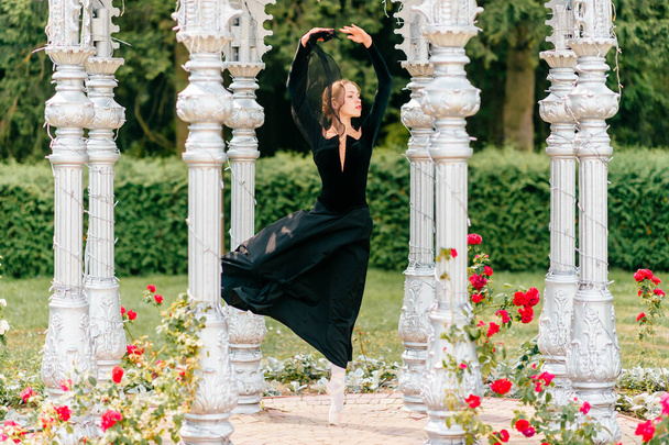 Young ballerina in black old fashioned dress posing in the arch at nature - Foto, Imagem