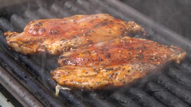 Grilling pork steaks. Delicious marinated meat steaks cooking on the grill. Slow motion 240 fps - Footage, Video