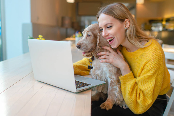 Portrait of beautiful blogger babe with surprised face holding her adorable puppy and using laptop while watching comedy. - Foto, Imagen