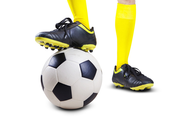 Soccer ball with player feet 1 - Fotoğraf, Görsel