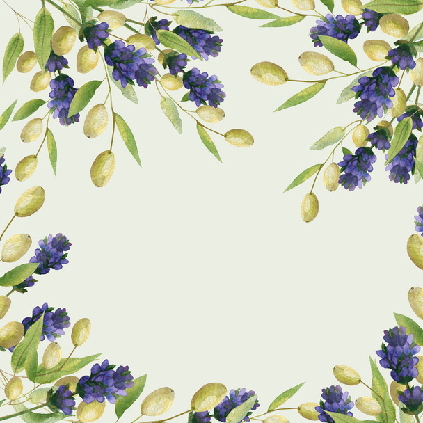 Watercolor hand painted nature provence squared border frame with green olive and leaves on branch and purple lavender flower bouquet on the light yellow background for invite and greeting card - Photo, image