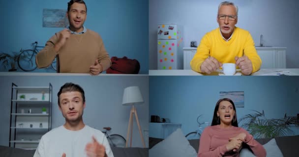 Collage d'hommes et de femmes gaies parlant sur skype à la maison  - Séquence, vidéo