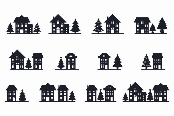 Buildings black and white wth trees, houses silhouette file - Vector, Image