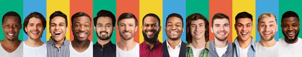 Onnellinen monikulttuurinen miesten poseeraa hymyillen värikkäitä taustoja, kollaasi - Valokuva, kuva