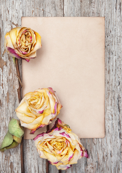 Dry roses and paper on the old wood - Photo, Image