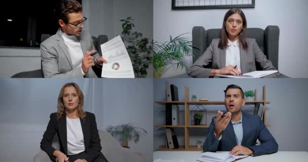 Επιχειρηματίας δείχνει χαρτί με διαγράμματα για τους συναδέλφους στο skype συνέδριο - Πλάνα, βίντεο