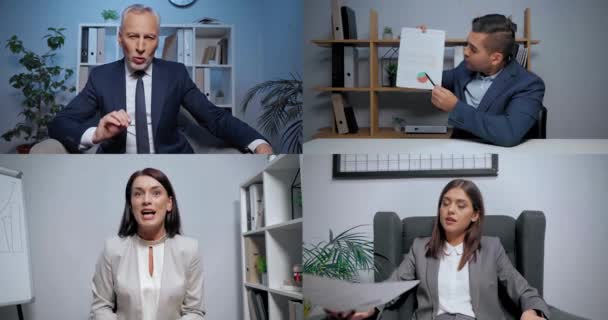 Colagem de empresários mostrando papéis com gráficos durante a conferência skype - Filmagem, Vídeo