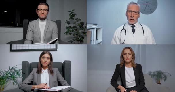 Doctor in gesprek met zakenmensen met notitieboekjes tijdens skype conferentie  - Video