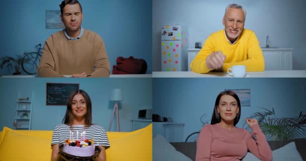 Χαμογελαστή γυναίκα που φυσάει κεριά στην τούρτα γενεθλίων κατά τη διάρκεια της βιντεοσυνομιλίας με φίλους  - Πλάνα, βίντεο