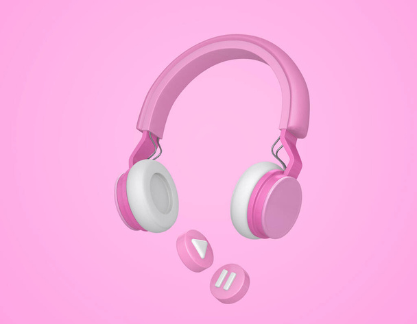 ピンクのワイヤレスヘッドフォンと音楽再生ボタンピンクの背景、 3Dレンダリング - 写真・画像