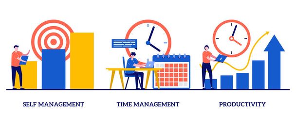 Self and time management, productivity concept with tiny people. Employee performance and self-organization abstract vector illustration set. Motivation software, effective job planning metaphor. - Vector, Image