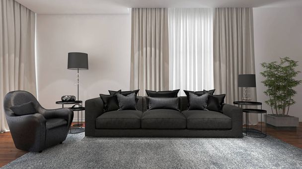 Large luxury modern bright interiors Living room mockup illustration 3D rendering computer digitally generated image - Photo, image