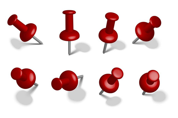 3D realistische vector papier stationaire rode pinnen in verschillende standpunten. Geïsoleerd op witte achtergrond. - Vector, afbeelding