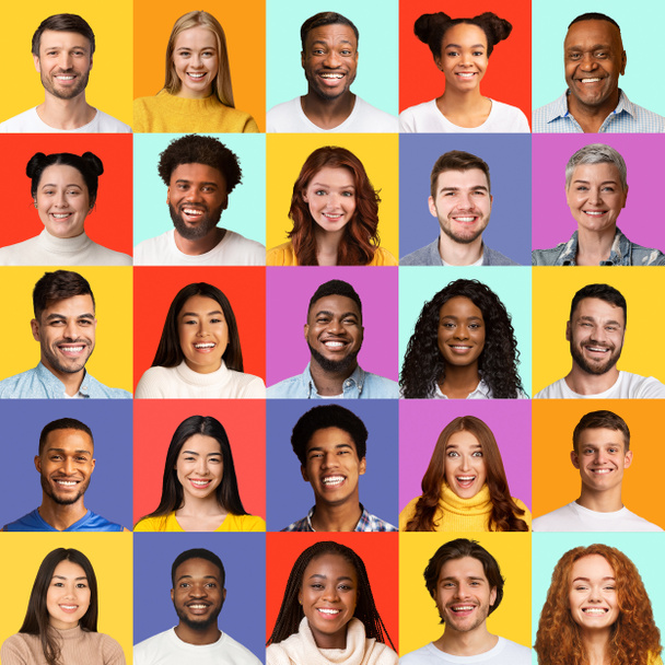 Multiethnic People Faces Collage με άνδρες και γυναίκες, πολύχρωμα Backgrounds - Φωτογραφία, εικόνα