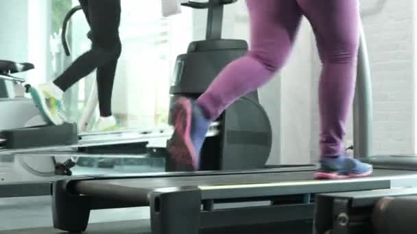 Detailní záběr Foot Fitness Asijská žena běží na běžícím pásu a další cvičení na horizontální eliptické kříže, kardio trénink ve fitness tělocvičně - Záběry, video