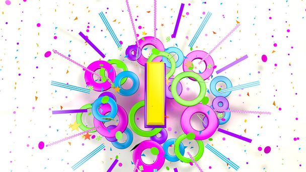 Nummer 1 voor promotie, verjaardag of jubileum op een explosie van confetti, sterren, lijnen en kringen van paarse, blauwe, gele, rode en groene kleuren op een witte achtergrond. 3d illustratie - Foto, afbeelding