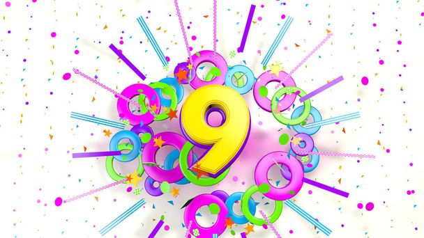Nummer 9 voor promotie, verjaardag of jubileum op een explosie van confetti, sterren, lijnen en kringen van paarse, blauwe, gele, rode en groene kleuren op een witte achtergrond. 3d illustratie - Foto, afbeelding