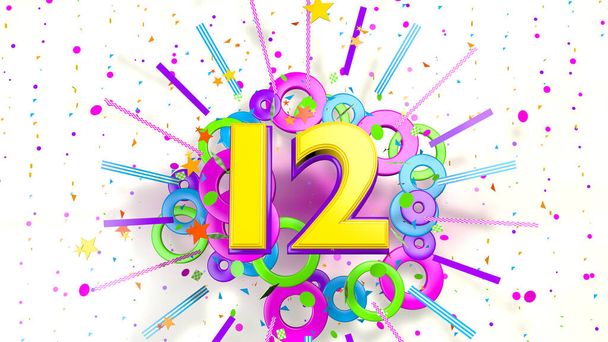 Nummer 12 voor promotie, verjaardag of jubileum op een explosie van confetti, sterren, lijnen en kringen van paarse, blauwe, gele, rode en groene kleuren op een witte achtergrond. 3d illustratie - Foto, afbeelding