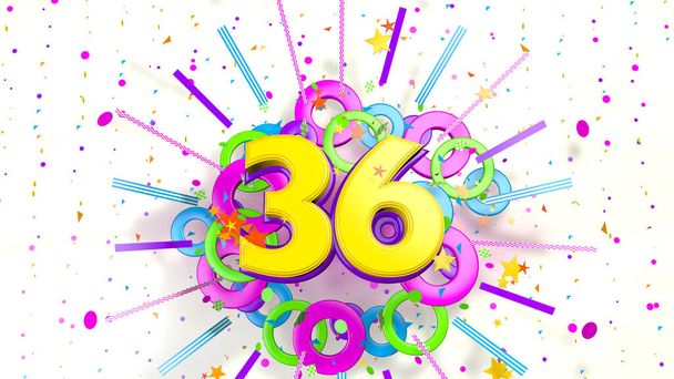 Číslo 36 k povýšení, narozeninám nebo výročí výbuchu konfet, hvězd, čar a kruhů fialové, modré, žluté, červené a zelené barvy na bílém pozadí. 3D ilustrace - Fotografie, Obrázek